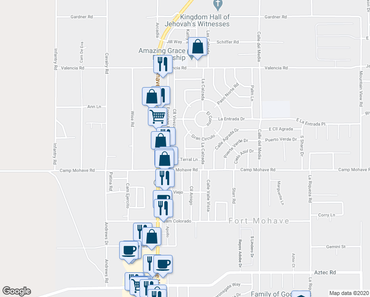 map of restaurants, bars, coffee shops, grocery stores, and more near 4456 Ranchita Way in Fort Mohave