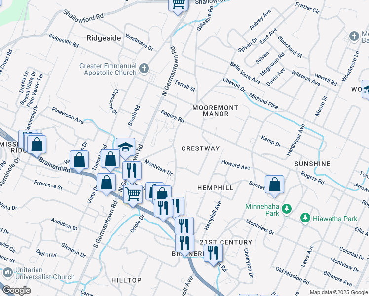 map of restaurants, bars, coffee shops, grocery stores, and more near 402 Gillespie Road in Chattanooga