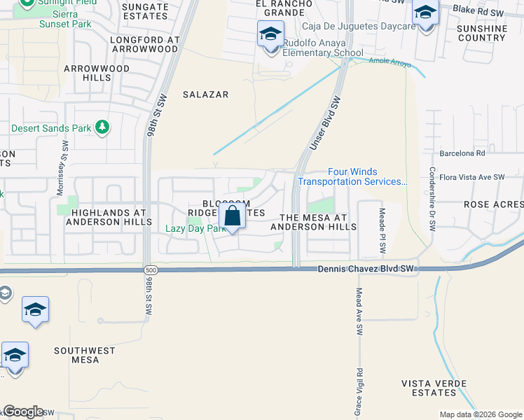 map of restaurants, bars, coffee shops, grocery stores, and more near 9019 Indigo Sky Tr Southwest in Albuquerque