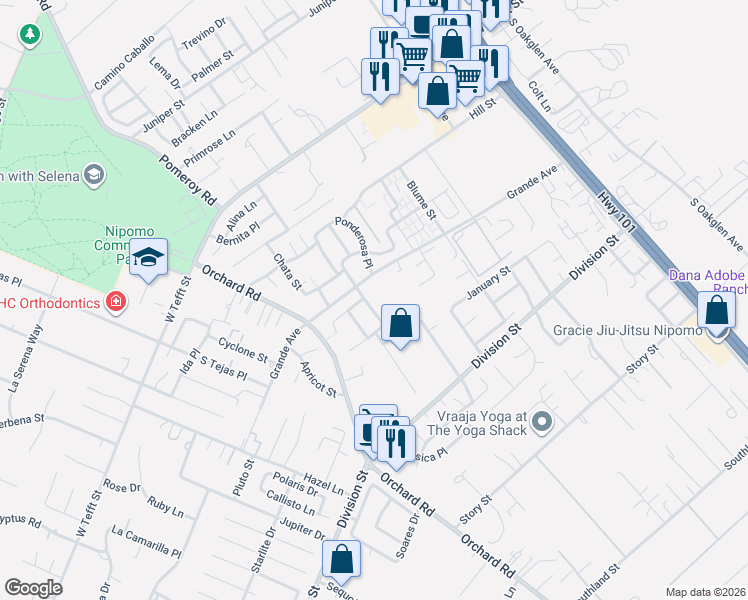 map of restaurants, bars, coffee shops, grocery stores, and more near 325 Black Hawk Way in Nipomo