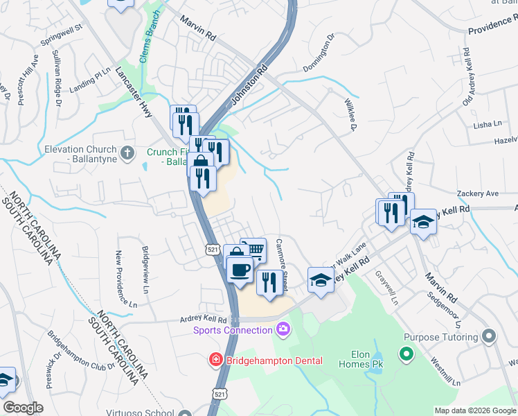 map of restaurants, bars, coffee shops, grocery stores, and more near 15314 Canmore Street in Charlotte