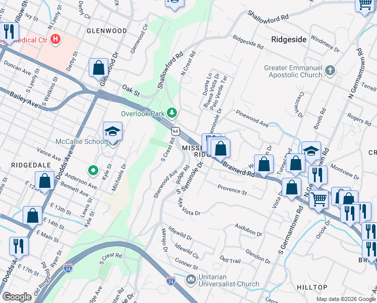 map of restaurants, bars, coffee shops, grocery stores, and more near 3100 Brainerd Road in Chattanooga