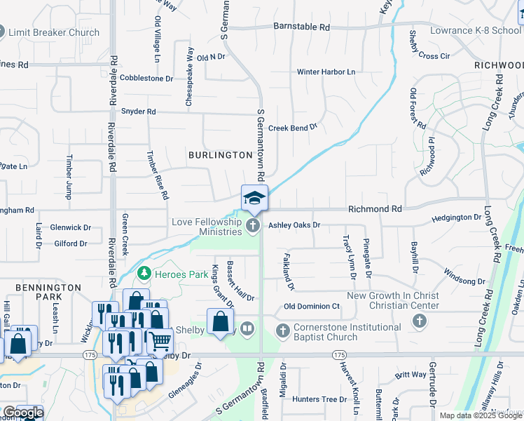 map of restaurants, bars, coffee shops, grocery stores, and more near 2216 Germantown Road in Memphis