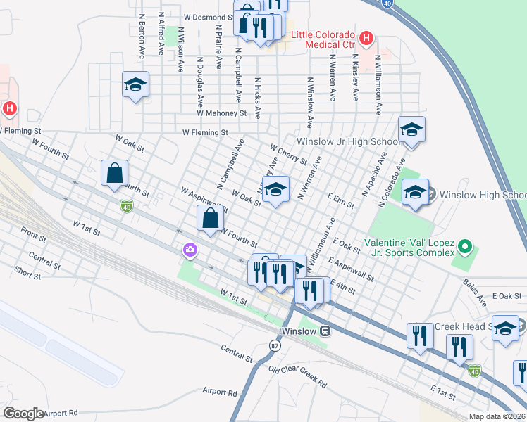 map of restaurants, bars, coffee shops, grocery stores, and more near 307 West Oak Street in Winslow