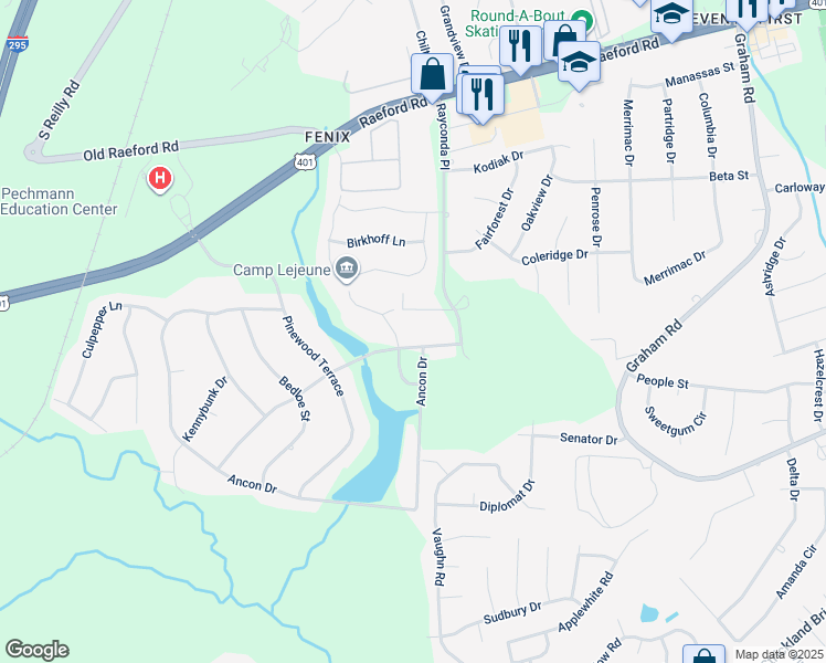 map of restaurants, bars, coffee shops, grocery stores, and more near 7606 Siple Avenue in Fayetteville