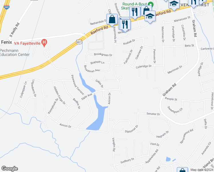 map of restaurants, bars, coffee shops, grocery stores, and more near 7606 Siple Avenue in Fayetteville