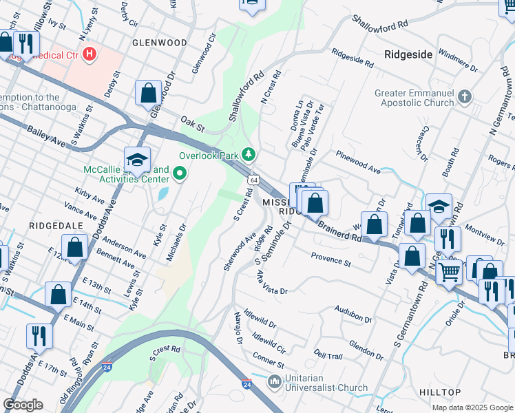 map of restaurants, bars, coffee shops, grocery stores, and more near 101 Sherwood Avenue in Chattanooga
