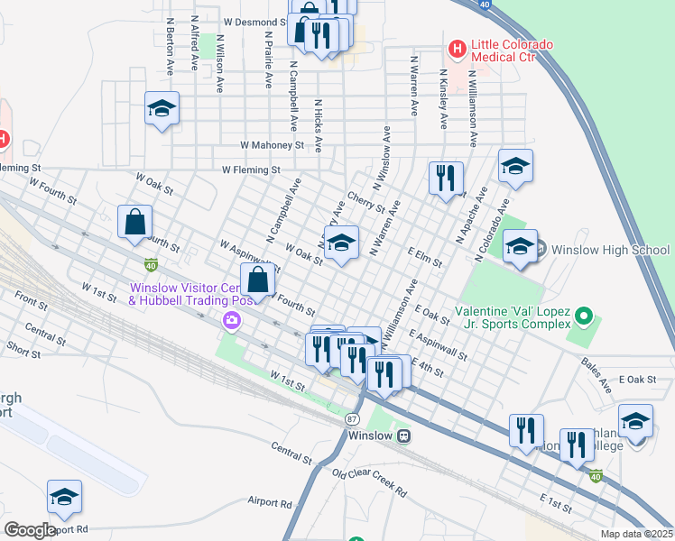 map of restaurants, bars, coffee shops, grocery stores, and more near 300 West Oak Street in Winslow