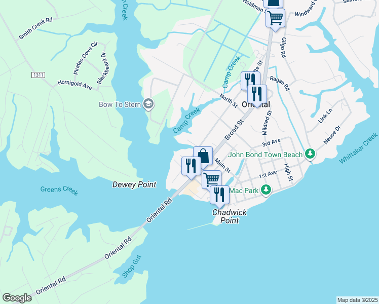 map of restaurants, bars, coffee shops, grocery stores, and more near 405 Midyette Street in Oriental