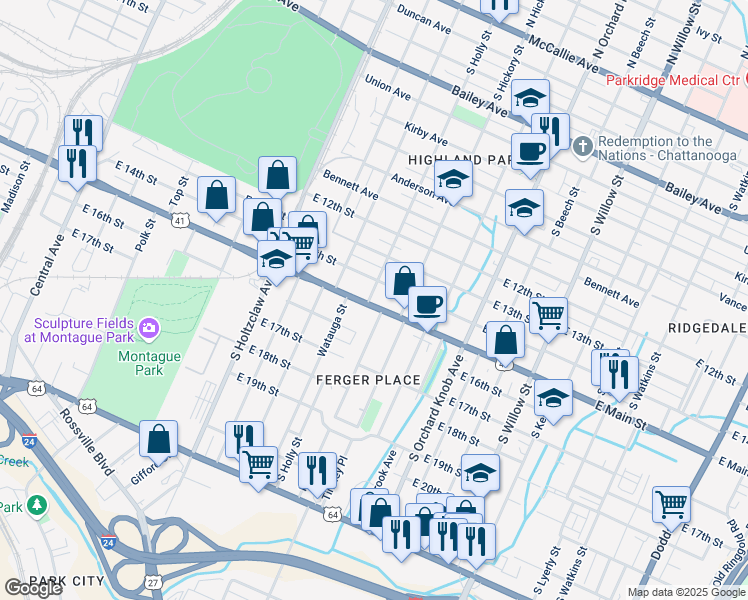 map of restaurants, bars, coffee shops, grocery stores, and more near 1514 East 14th Street in Chattanooga