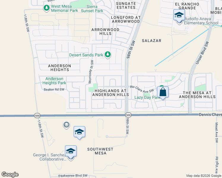 map of restaurants, bars, coffee shops, grocery stores, and more near 9915 Rio Madre Avenue Southwest in Albuquerque