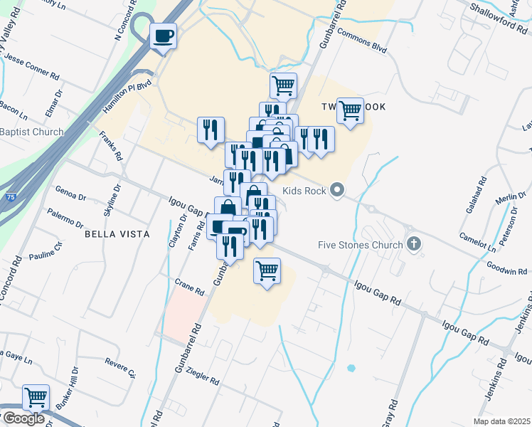 map of restaurants, bars, coffee shops, grocery stores, and more near 1916 Gunbarrel Road in Chattanooga