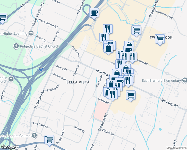 map of restaurants, bars, coffee shops, grocery stores, and more near 1805 Verona Drive in Chattanooga