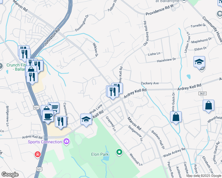 map of restaurants, bars, coffee shops, grocery stores, and more near 16607 Riverstone Way in Charlotte