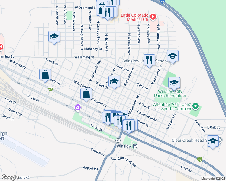 map of restaurants, bars, coffee shops, grocery stores, and more near 300 West Oak Street in Winslow