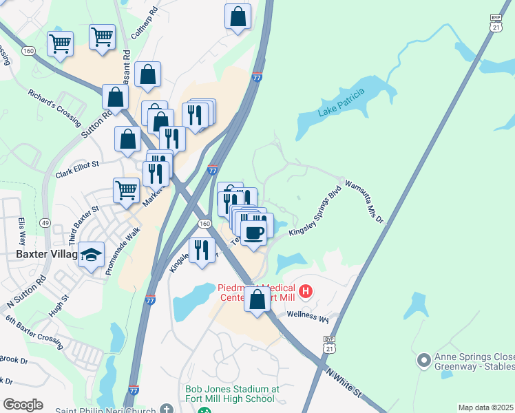 map of restaurants, bars, coffee shops, grocery stores, and more near 287 Textile Way in Fort Mill
