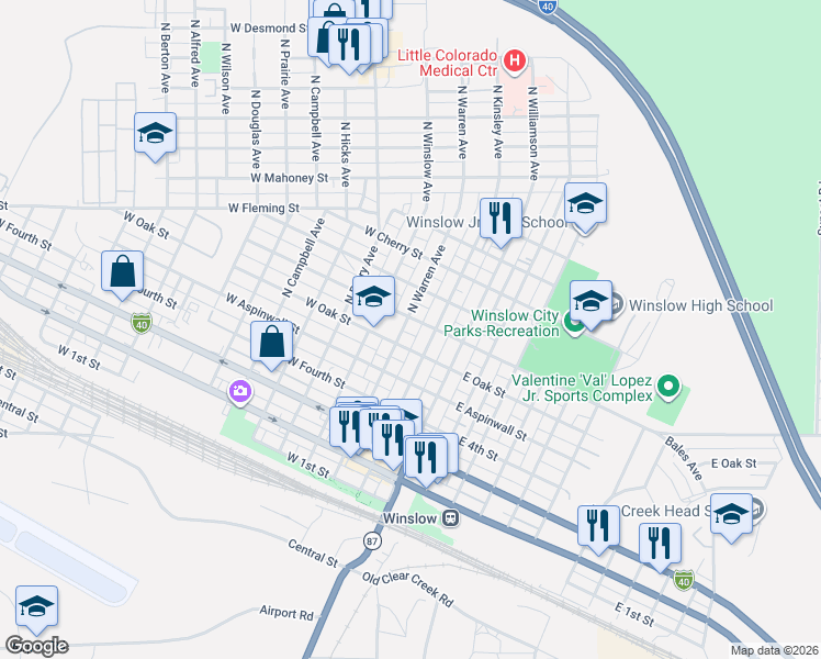 map of restaurants, bars, coffee shops, grocery stores, and more near 614 North Warren Avenue in Winslow