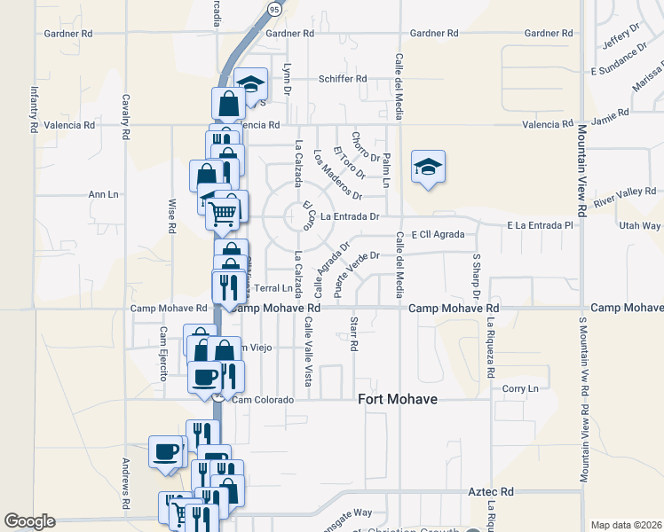 map of restaurants, bars, coffee shops, grocery stores, and more near 4435 Calle Agrada Drive in Fort Mohave