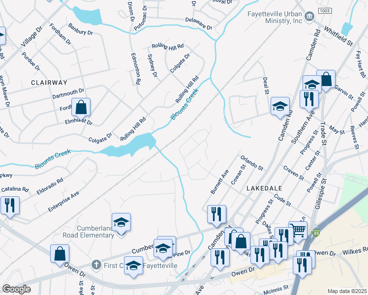map of restaurants, bars, coffee shops, grocery stores, and more near 2150 Stonewash Drive in Fayetteville