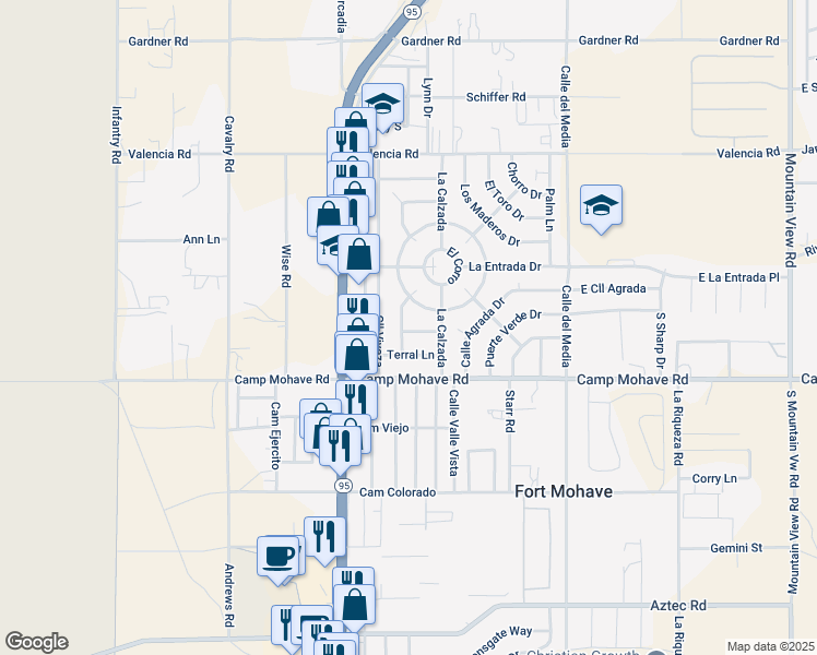 map of restaurants, bars, coffee shops, grocery stores, and more near 1561 La Paz Way in Fort Mohave