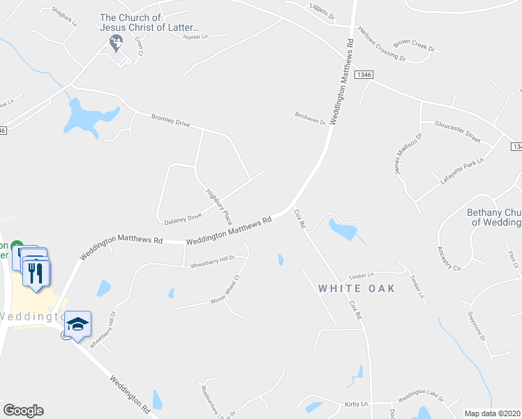 map of restaurants, bars, coffee shops, grocery stores, and more near 6100 Weddington Matthews Road in Matthews