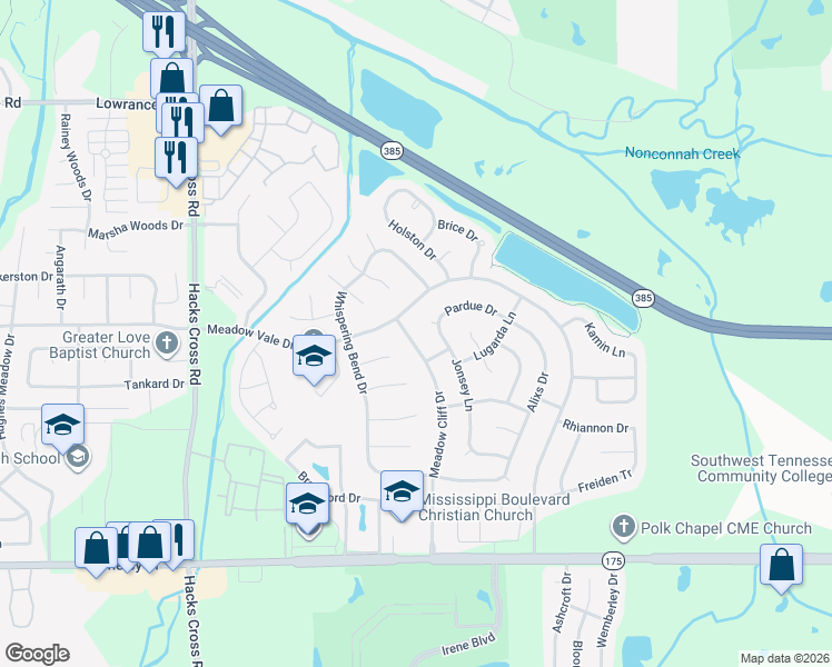 map of restaurants, bars, coffee shops, grocery stores, and more near 4413 Jonsey Lane in Memphis