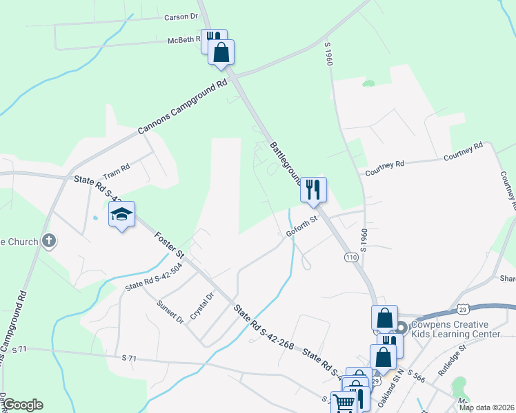 map of restaurants, bars, coffee shops, grocery stores, and more near 123 Anile Street in Cowpens