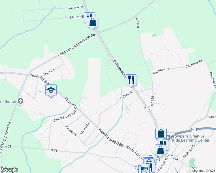 map of restaurants, bars, coffee shops, grocery stores, and more near 123 Anile Street in Cowpens