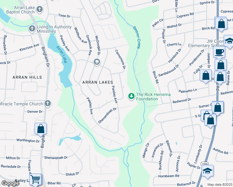 map of restaurants, bars, coffee shops, grocery stores, and more near 1920 Paisley Avenue in Fayetteville