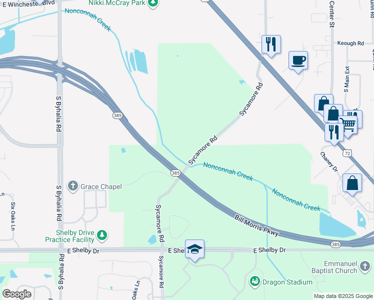 map of restaurants, bars, coffee shops, grocery stores, and more near 635 Sycamore Road in Collierville