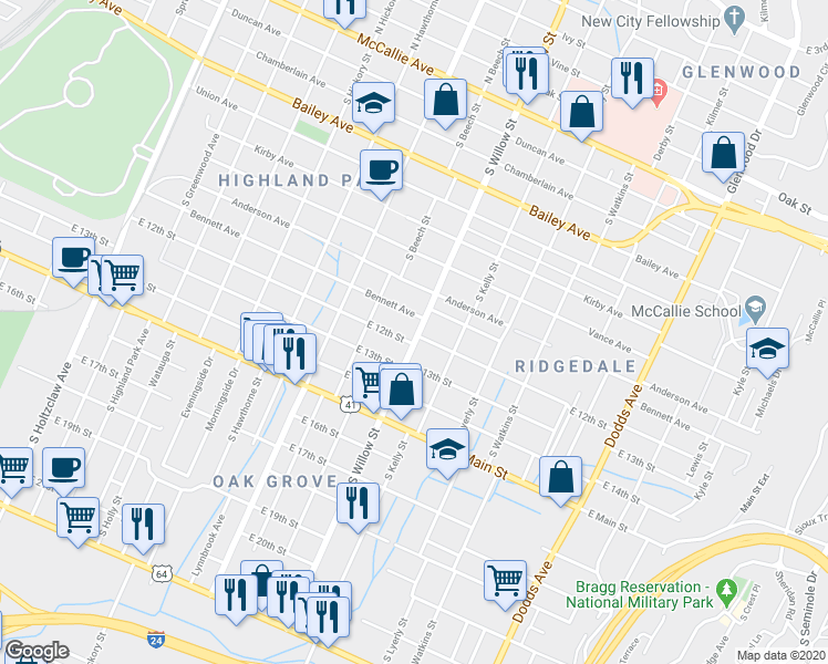 map of restaurants, bars, coffee shops, grocery stores, and more near 2011 East 12th Street in Chattanooga