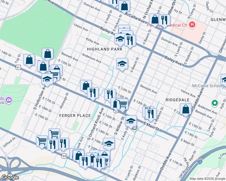 map of restaurants, bars, coffee shops, grocery stores, and more near 1819 East 13th Street in Chattanooga