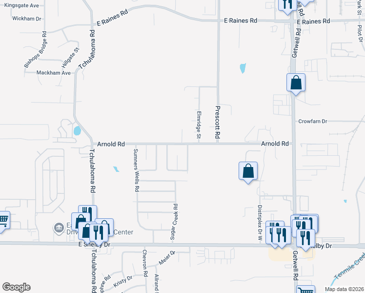 map of restaurants, bars, coffee shops, grocery stores, and more near 3485 Arnold Road in Memphis