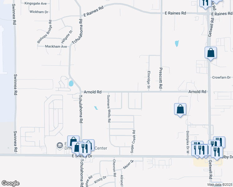 map of restaurants, bars, coffee shops, grocery stores, and more near 3397 Arnold Road in Memphis