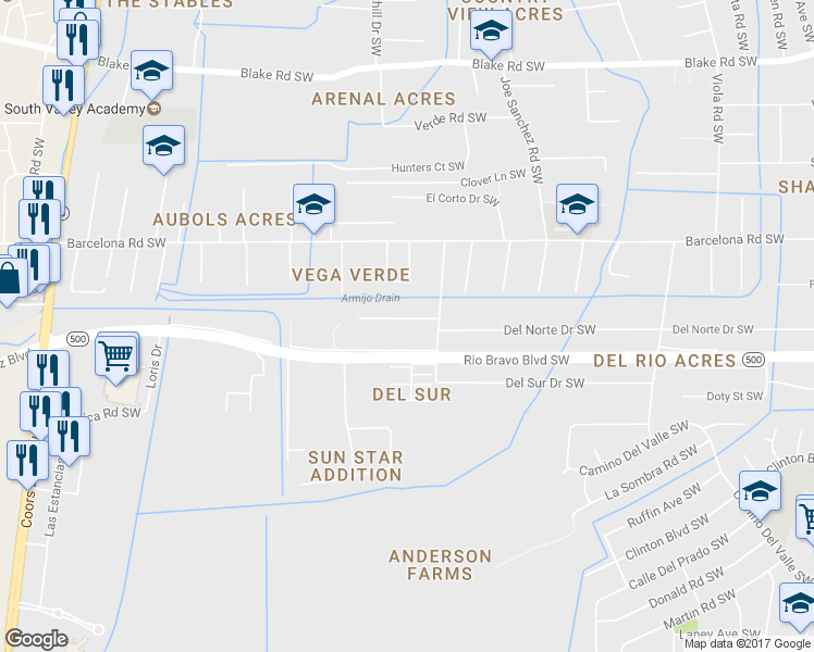map of restaurants, bars, coffee shops, grocery stores, and more near 2716 Del Norte Drive Southwest in Albuquerque