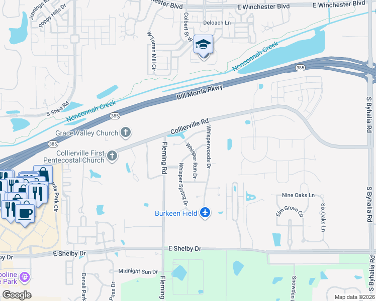 map of restaurants, bars, coffee shops, grocery stores, and more near 4417 Whisper Spring Drive in Collierville