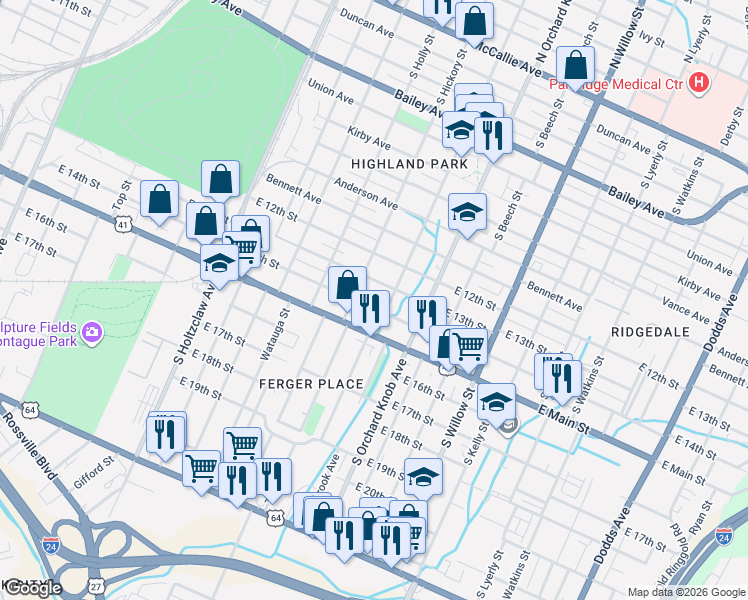 map of restaurants, bars, coffee shops, grocery stores, and more near 1712 East 13th Street in Chattanooga