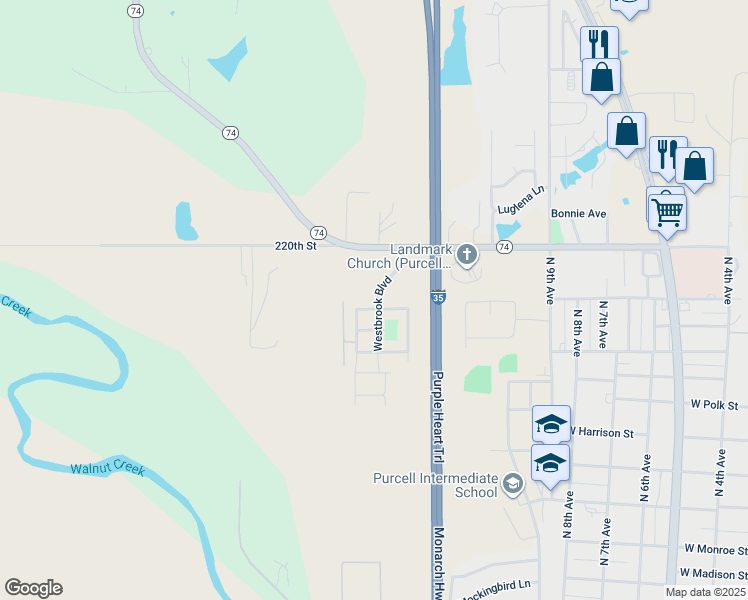 map of restaurants, bars, coffee shops, grocery stores, and more near 1201 Tuggle Street in Purcell