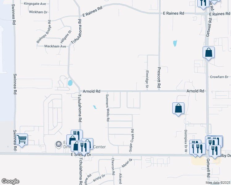 map of restaurants, bars, coffee shops, grocery stores, and more near 3451 Arnold Road in Memphis