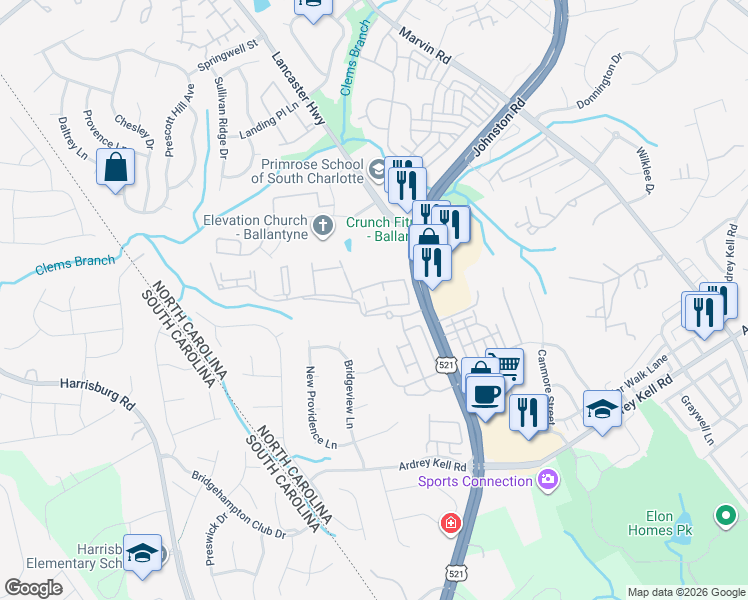 map of restaurants, bars, coffee shops, grocery stores, and more near 11755 Ridgeway Park Drive in Charlotte