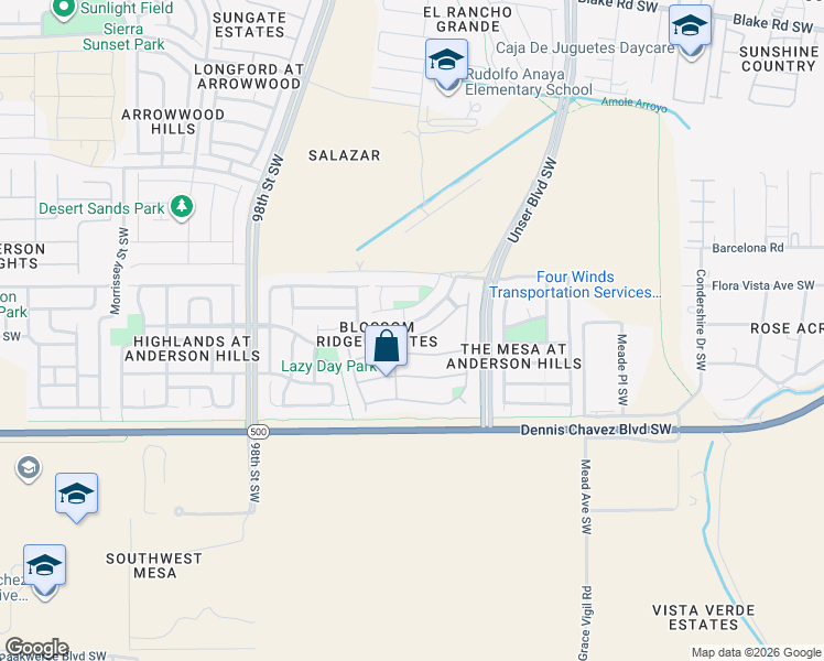 map of restaurants, bars, coffee shops, grocery stores, and more near 9019 Indigo Sky Tr Southwest in Albuquerque