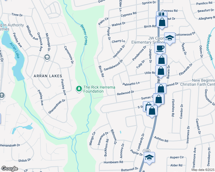 map of restaurants, bars, coffee shops, grocery stores, and more near 5621 Birch Road in Fayetteville