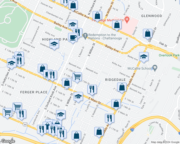 map of restaurants, bars, coffee shops, grocery stores, and more near 2114 Bennett Avenue in Chattanooga