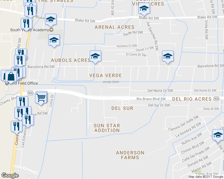 map of restaurants, bars, coffee shops, grocery stores, and more near 2764 Del Norte Drive Southwest in Albuquerque