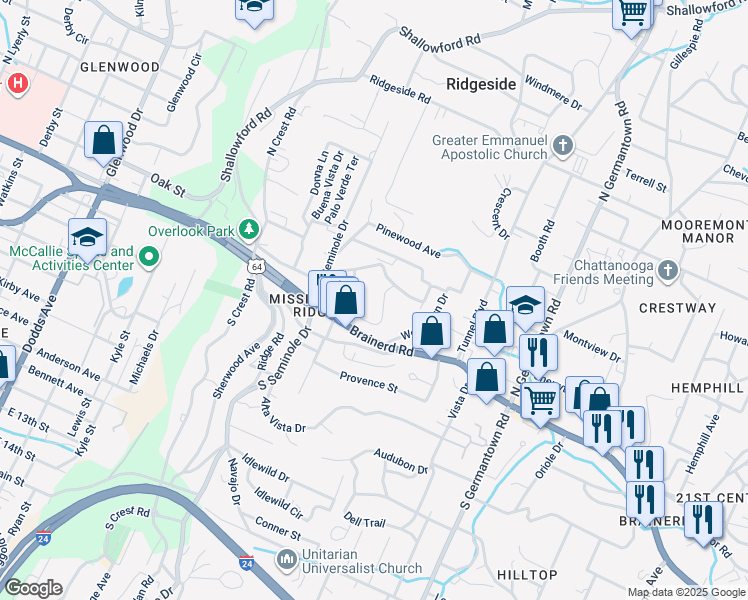map of restaurants, bars, coffee shops, grocery stores, and more near 3327 Crestone Circle in Chattanooga