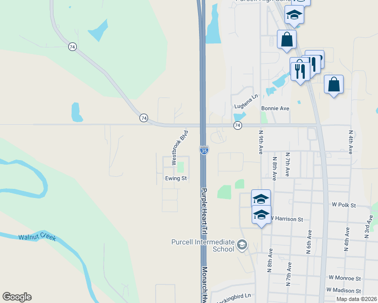 map of restaurants, bars, coffee shops, grocery stores, and more near 1107 Tuggle Street in Purcell