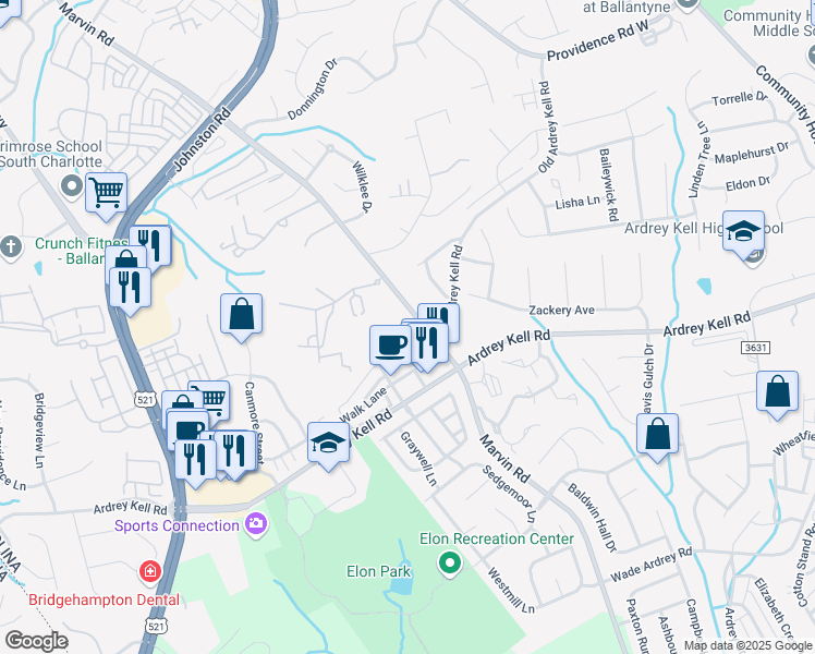 map of restaurants, bars, coffee shops, grocery stores, and more near 9853 Longstone Lane in Charlotte