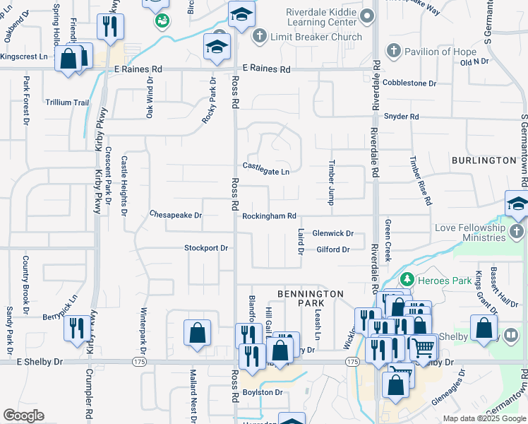 map of restaurants, bars, coffee shops, grocery stores, and more near 6752 Rockingham Road in Memphis