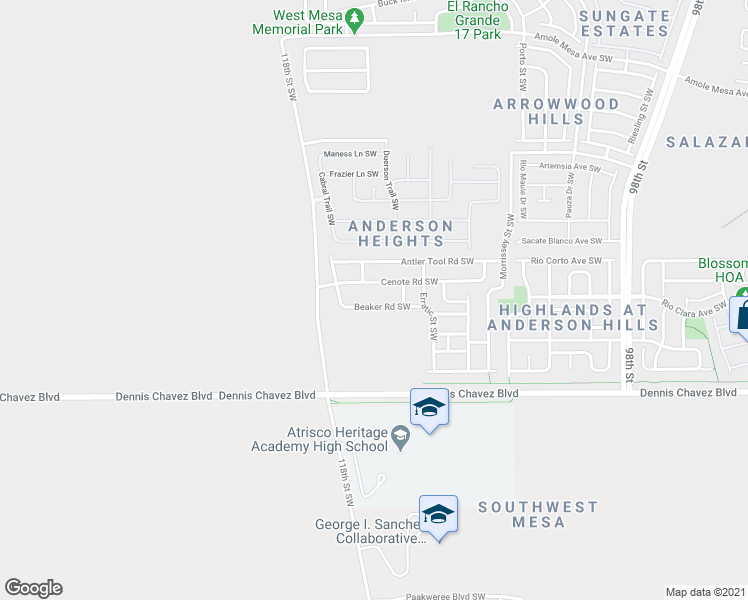 map of restaurants, bars, coffee shops, grocery stores, and more near 10751 Beaker Road Southwest in Albuquerque