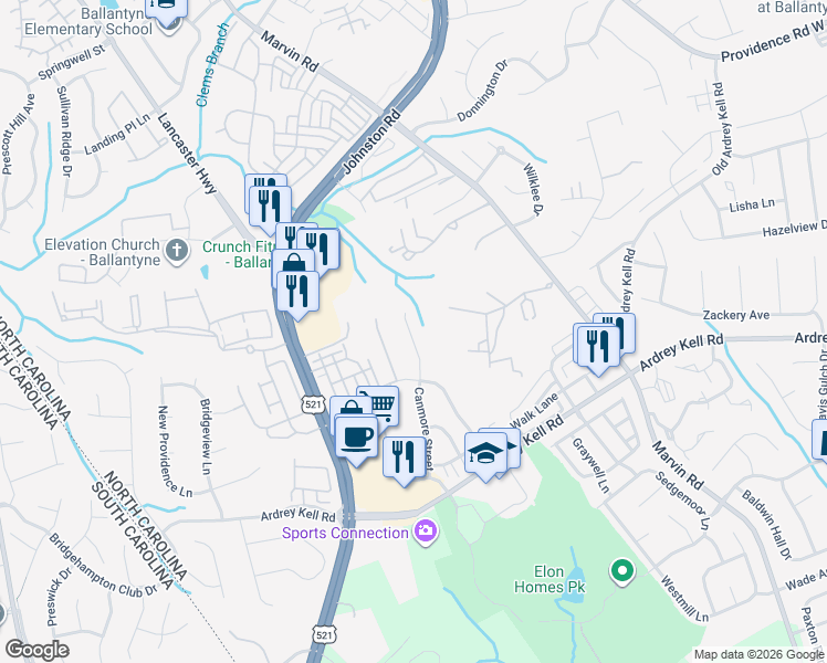 map of restaurants, bars, coffee shops, grocery stores, and more near 15329 Canmore Street in Charlotte